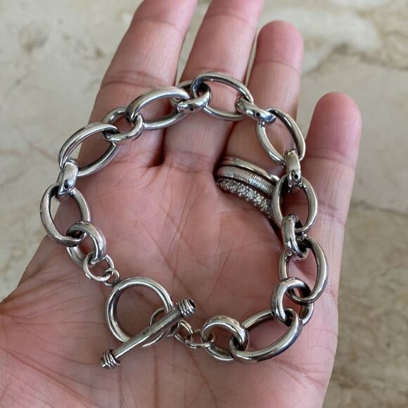925 Sterling Silver Chunky Oval Links Toggle Bracelet 9” - Picture 2 of 9